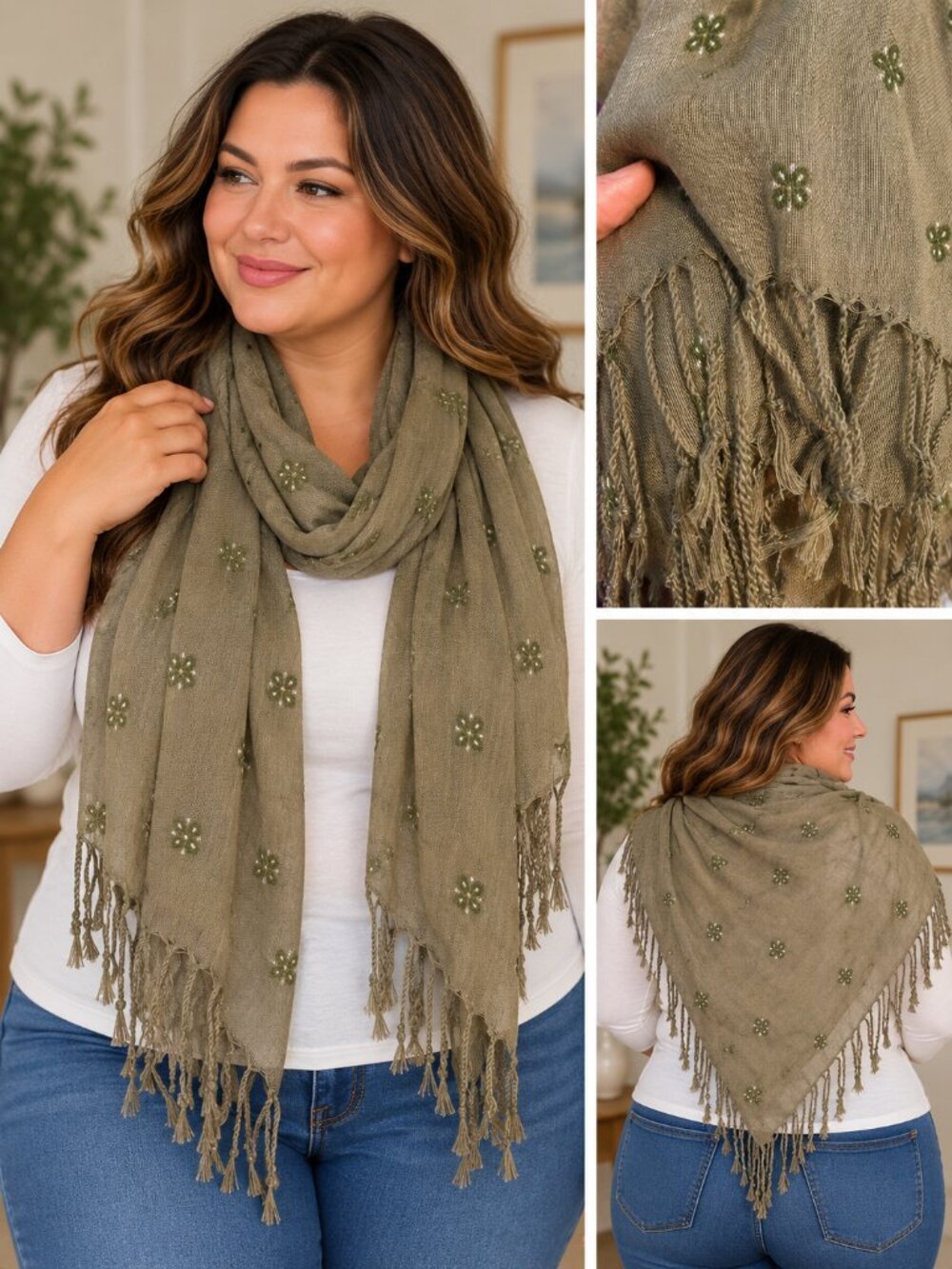 2 Scarf Set: Olive Green and Apt. 9 Vibrant Multicolor - Lightweight with Fringe